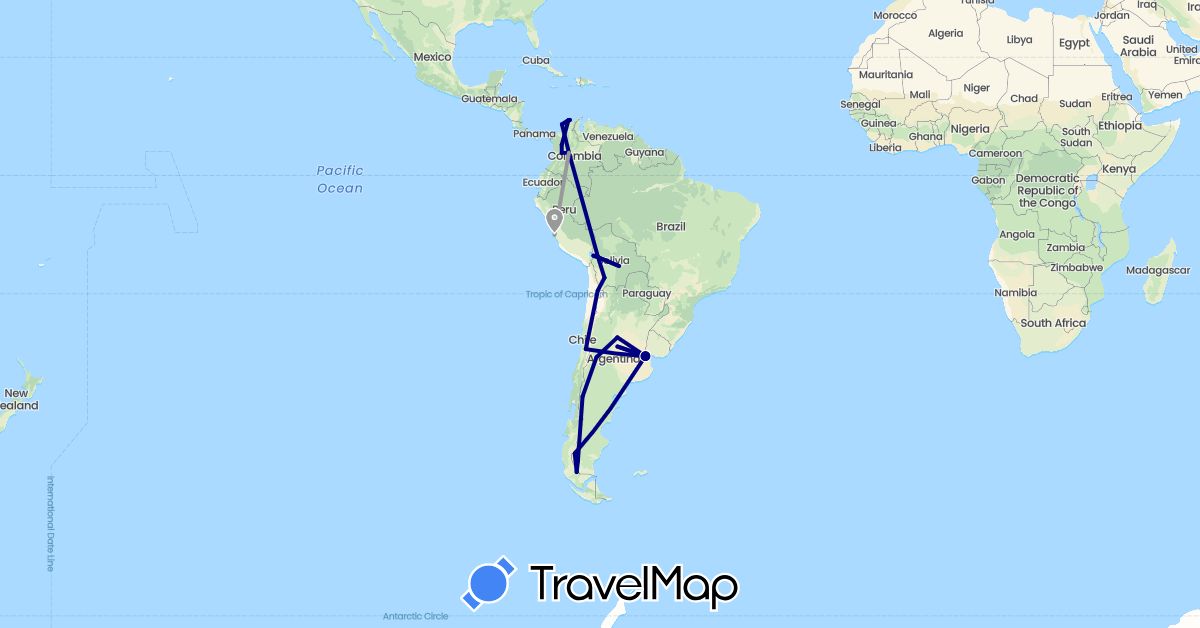 TravelMap itinerary: driving, plane in Argentina, Bolivia, Brazil, Chile, Colombia, Peru (South America)